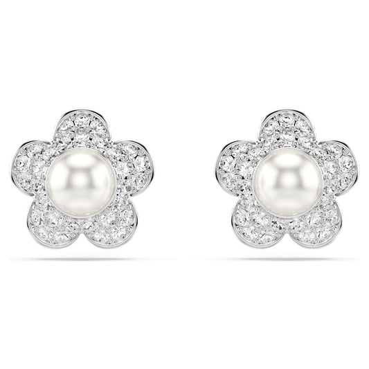 Ariana Grande x Swarovski stud earrings, Crystal Pearl, Round cut, Flower, White, Rhodium plated image 1