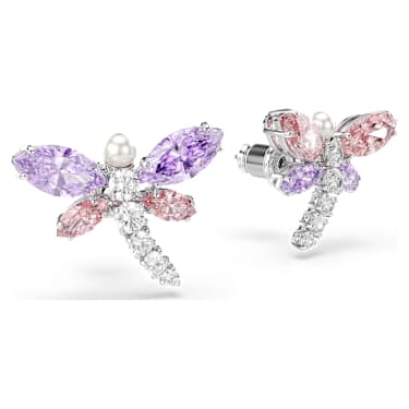 Ariana Grande x Swarovski stud earrings, Mixed cuts, Dragonfly, Multicolored, Rhodium plated image 3