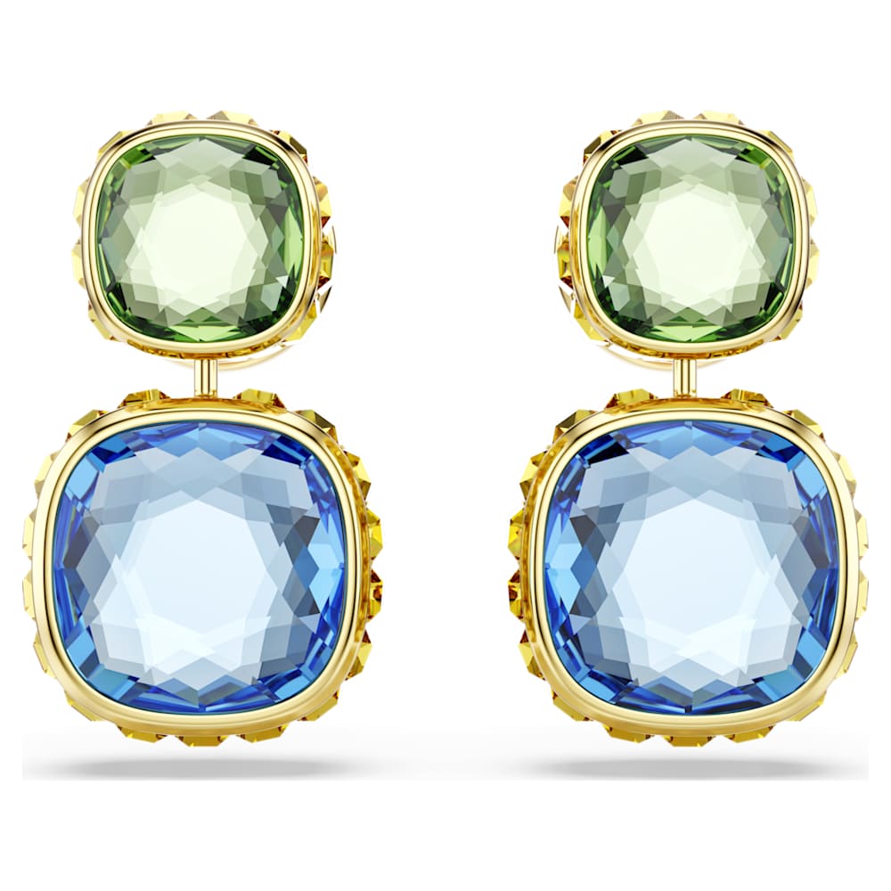 Chroma drop earrings, Cushion cut, Multicolored, 18K gold finish image 1