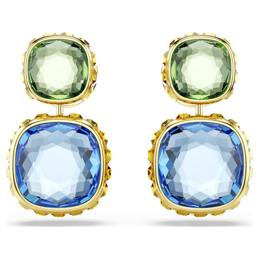 Chroma drop earrings, Cushion cut, Multicolored, 18K gold finish image 1