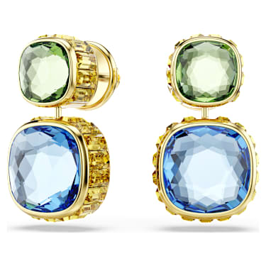 Chroma drop earrings, Cushion cut, Multicolored, 18K gold finish image 2