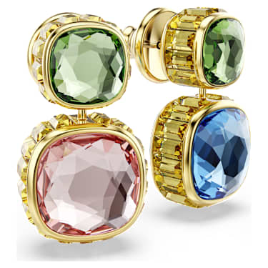 Chroma drop earrings, Cushion cut, Multicolored, 18K gold finish image 3