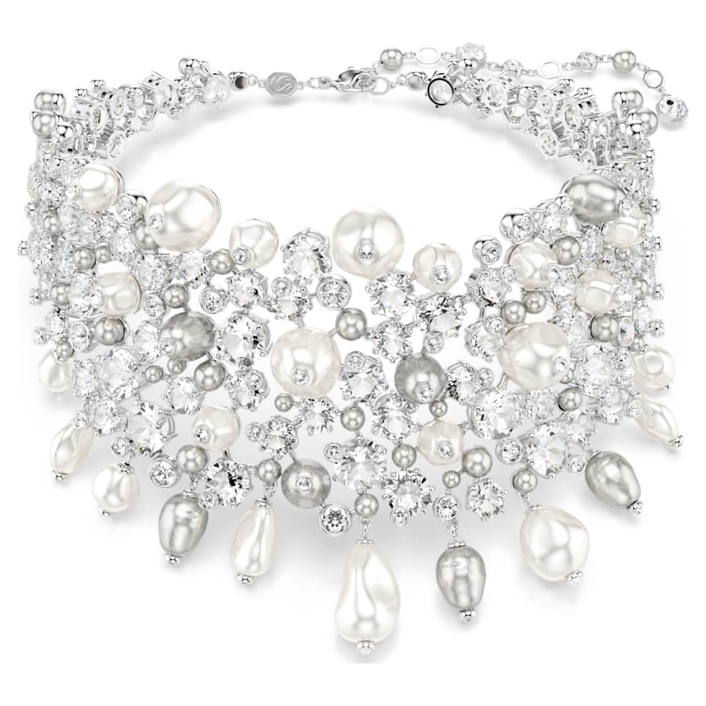 Constella choker, Crystal pearl, Round cut, White, Rhodium plated image 1