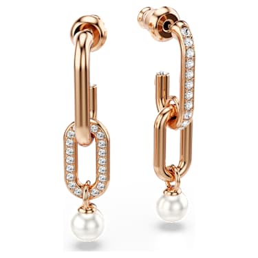 Constella drop earrings, Crystal pearl, Round cut, White, 18K rose gold finish image 3