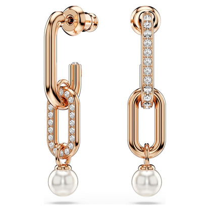 Constella drop earrings, Crystal pearl, Round cut, White, 18K rose gold finish image 1