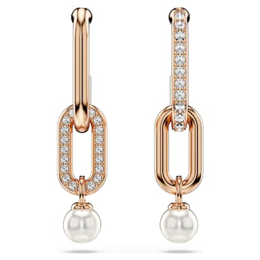 Constella drop earrings, Crystal pearl, Round cut, White, 18K rose gold finish image 2