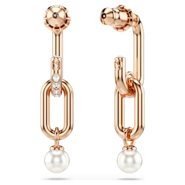 Constella drop earrings, Crystal pearl, Round cut, White, 18K rose gold finish image 4