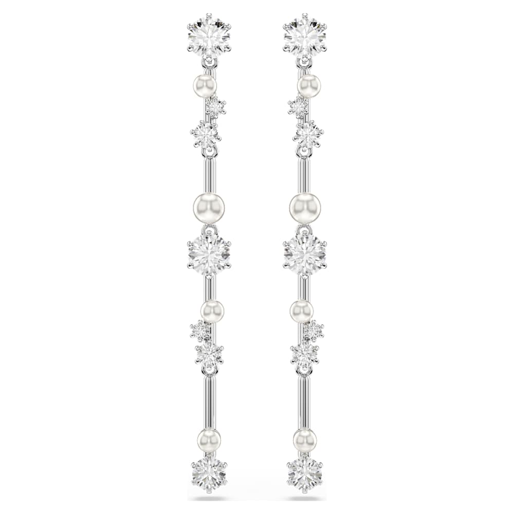 Constella drop earrings, Crystal pearl, Round cuts, White, Rhodium plated image 1