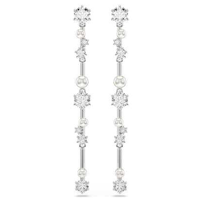 Constella drop earrings, Crystal pearl, Round cuts, White, Rhodium plated image 1