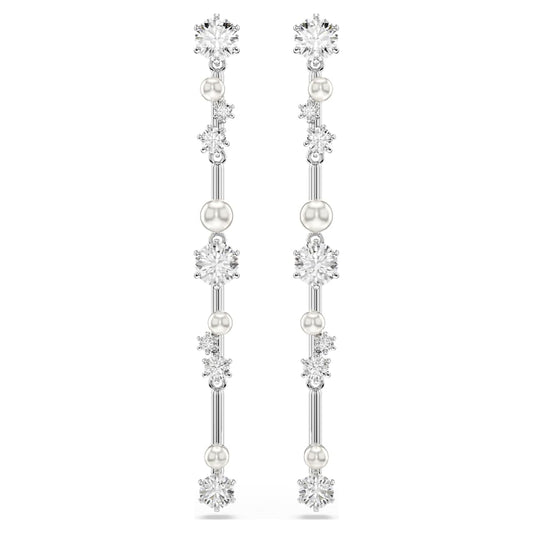 Constella drop earrings, Crystal pearl, Round cuts, White, Rhodium plated image 1