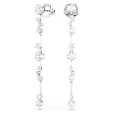 Constella drop earrings, Crystal pearl, Round cuts, White, Rhodium plated image 5