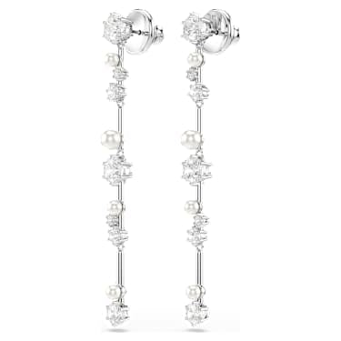 Constella drop earrings, Crystal pearl, Round cuts, White, Rhodium plated image 3