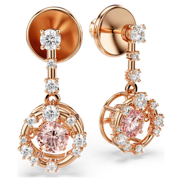 Constella drop earrings, Round cut, Dancing stone, Pink, 18K rose gold finish image 3