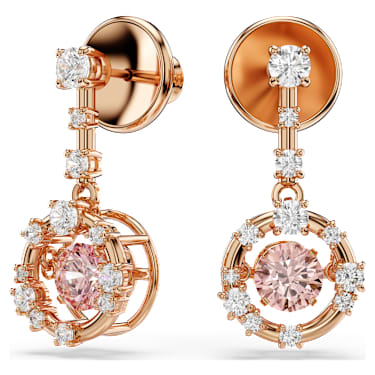 Constella drop earrings, Round cut, Dancing stone, Pink, 18K rose gold finish image 5