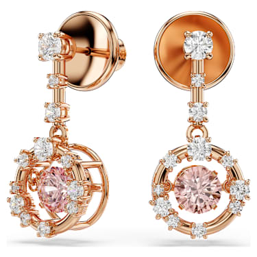 Constella drop earrings, Round cut, Dancing stone, Pink, 18K rose gold finish image 2