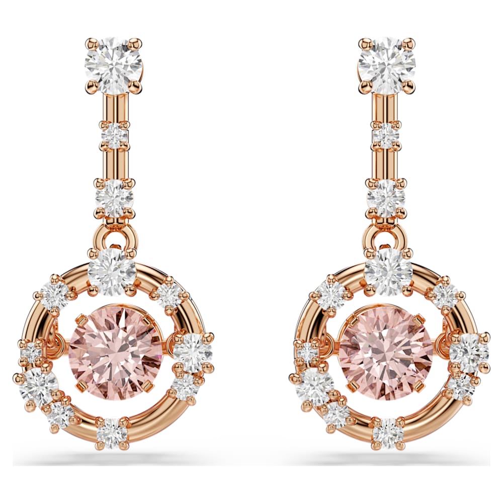 Constella drop earrings, Round cut, Dancing stone, Pink, 18K rose gold finish image 1