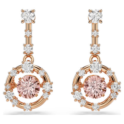 Constella drop earrings, Round cut, Dancing stone, Pink, 18K rose gold finish image 1