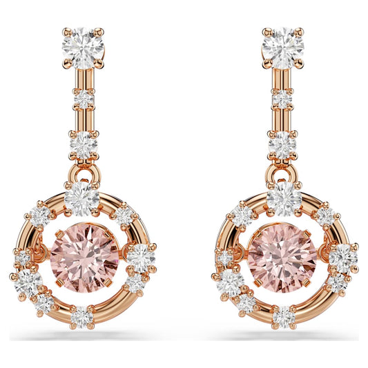Constella drop earrings, Round cut, Dancing stone, Pink, 18K rose gold finish image 1