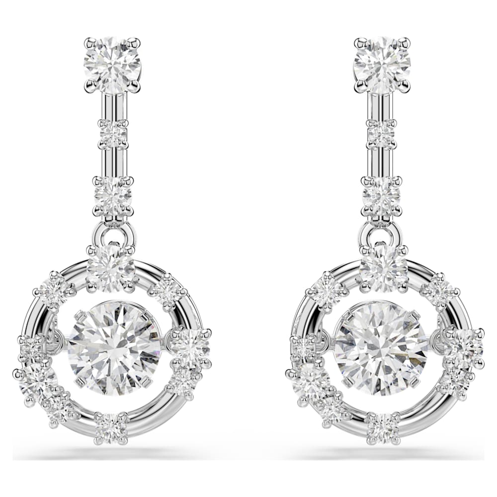 Constella drop earrings, Round cut, Dancing stone, White, Rhodium plated image 1