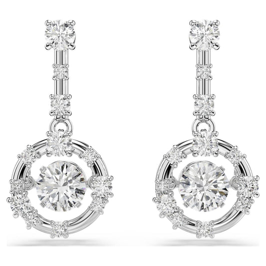 Constella drop earrings, Round cut, Dancing stone, White, Rhodium plated image 1