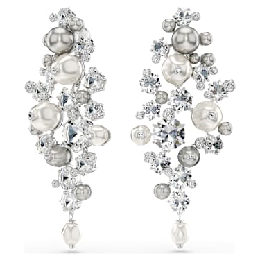Constella earrings, Crystal pearl, Round cut, White, Rhodium plated image 6