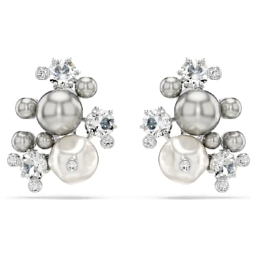 Constella earrings, Crystal pearl, Round cut, White, Rhodium plated image 2