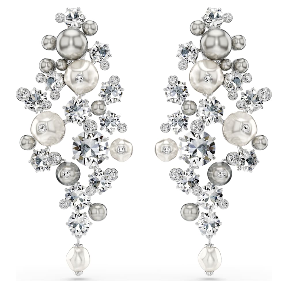 Constella earrings, Crystal pearl, Round cut, White, Rhodium plated image 1