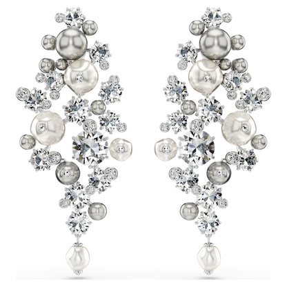 Constella earrings, Crystal pearl, Round cut, White, Rhodium plated image 1