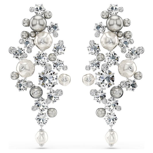 Constella earrings, Crystal pearl, Round cut, White, Rhodium plated image 1