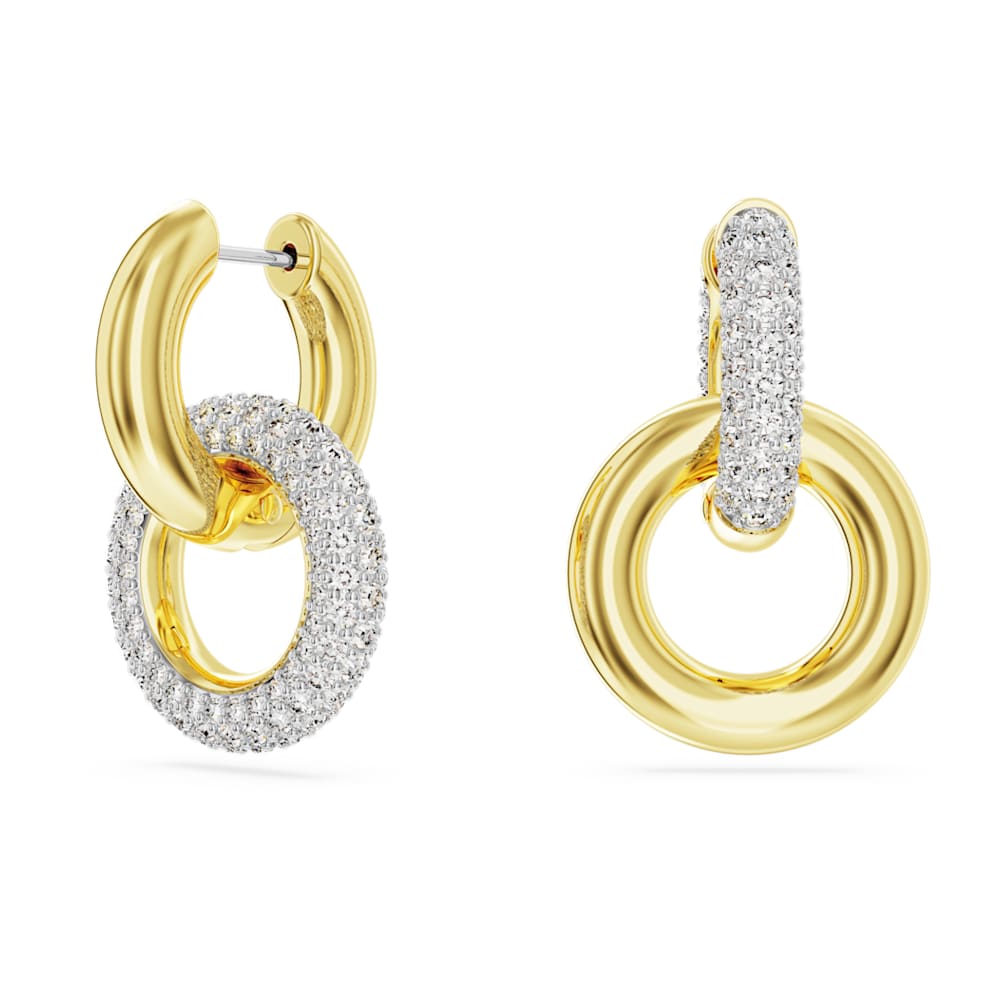 Dextera hoop earrings, Asymmetrical design, Interlocking loop, White, 18K gold finish image 1