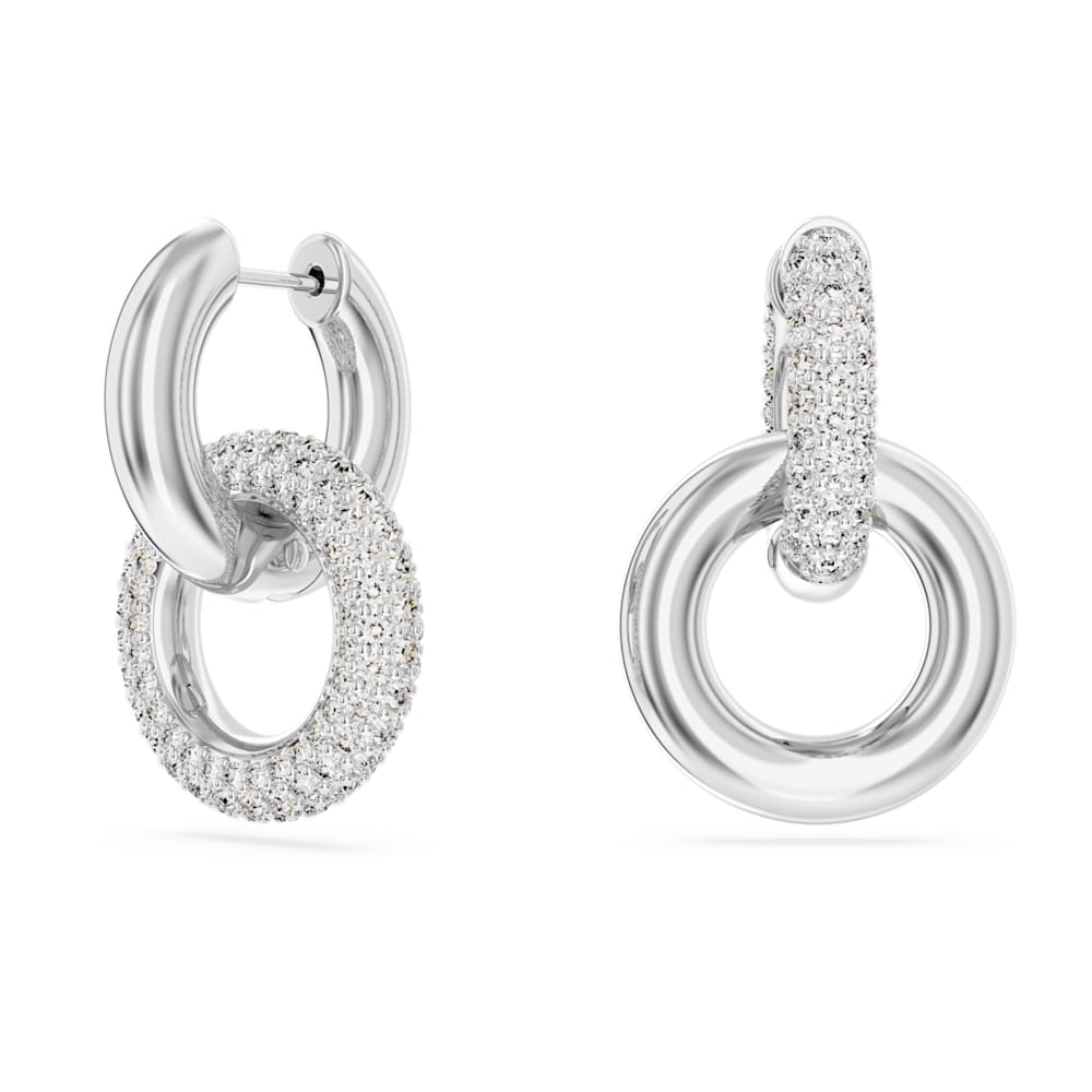 Dextera hoop earrings, Asymmetrical design, Interlocking loop, White, Rhodium plated image 1