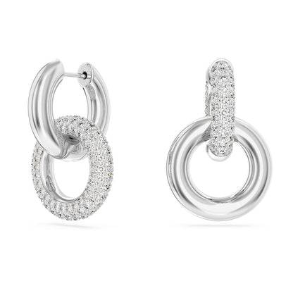 Dextera hoop earrings, Asymmetrical design, Interlocking loop, White, Rhodium plated image 1