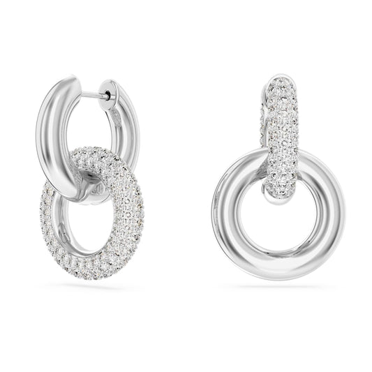 Dextera hoop earrings, Asymmetrical design, Interlocking loop, White, Rhodium plated image 1