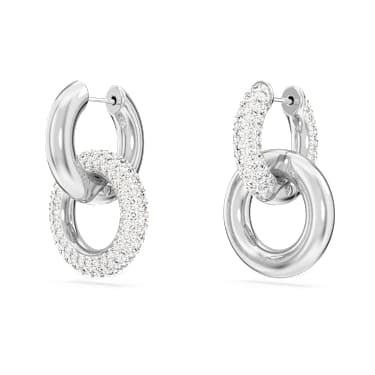 Dextera hoop earrings, Asymmetrical design, Interlocking loop, White, Rhodium plated image 3