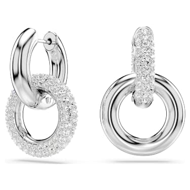 Dextera hoop earrings, Asymmetrical design, Interlocking loop, White, Rhodium plated image 5