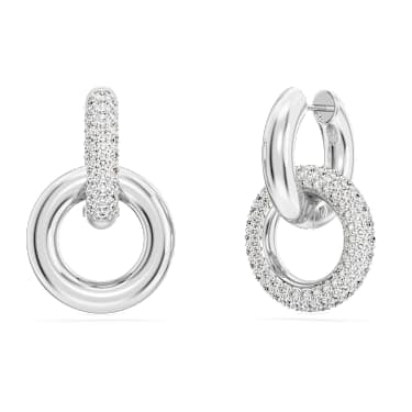 Dextera hoop earrings, Asymmetrical design, Interlocking loop, White, Rhodium plated image 4