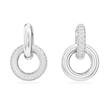 Dextera hoop earrings, Asymmetrical design, Interlocking loop, White, Rhodium plated image 2
