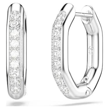Dextera hoop earrings, Octagon shape, Round cut, Small, White, Rhodium plated image 4