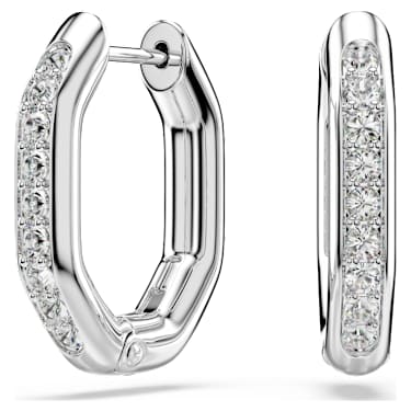 Dextera hoop earrings, Octagon shape, Round cut, Small, White, Rhodium plated image 5
