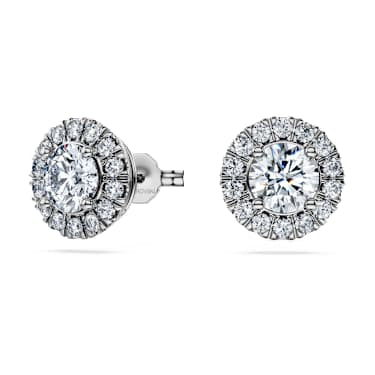 Eternity halo stud earrings, Lab-grown diamonds 2 ct tw, Round shape, 14K white gold image 2